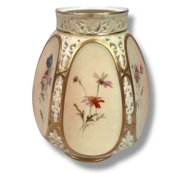 Antique Royal Worcester Pot Pourri Vase 5" Iory Gold Floral England 1893 Flowers - Picture 1 of 12